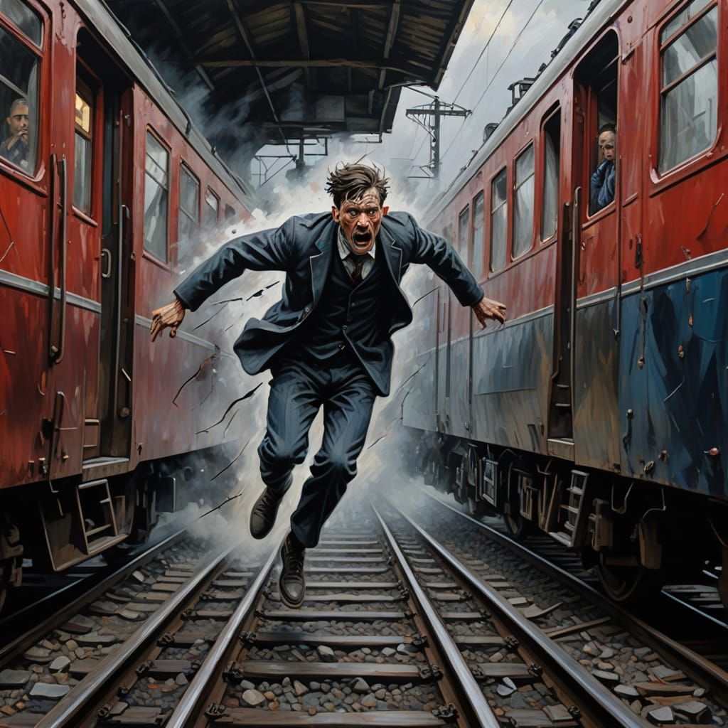 Expressionist Despair: Person Flees Speeding Train