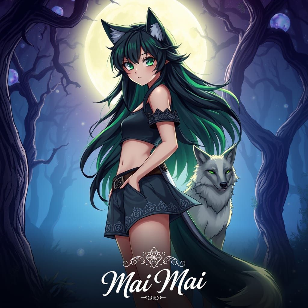 Wolf Goddess with Emerald Eyes and Mystical Wolf Companion