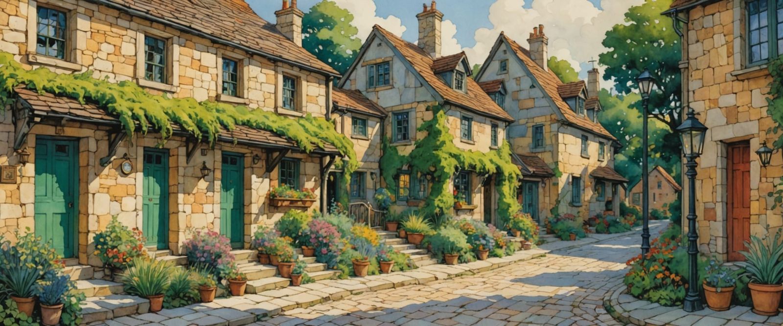 Charming Village Scene in Comic Book Style