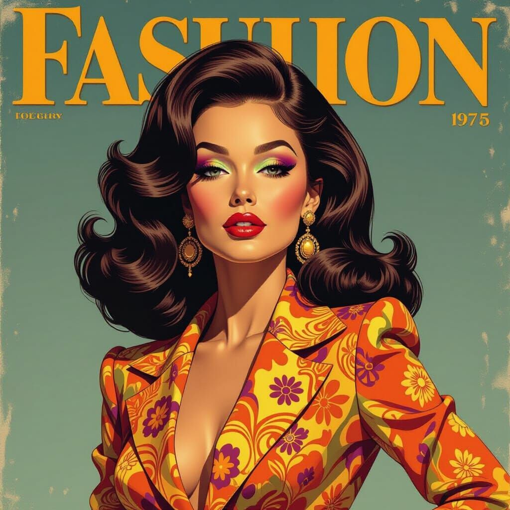 1970s Fashion Illustration of Woman in Flamboyant Outfit