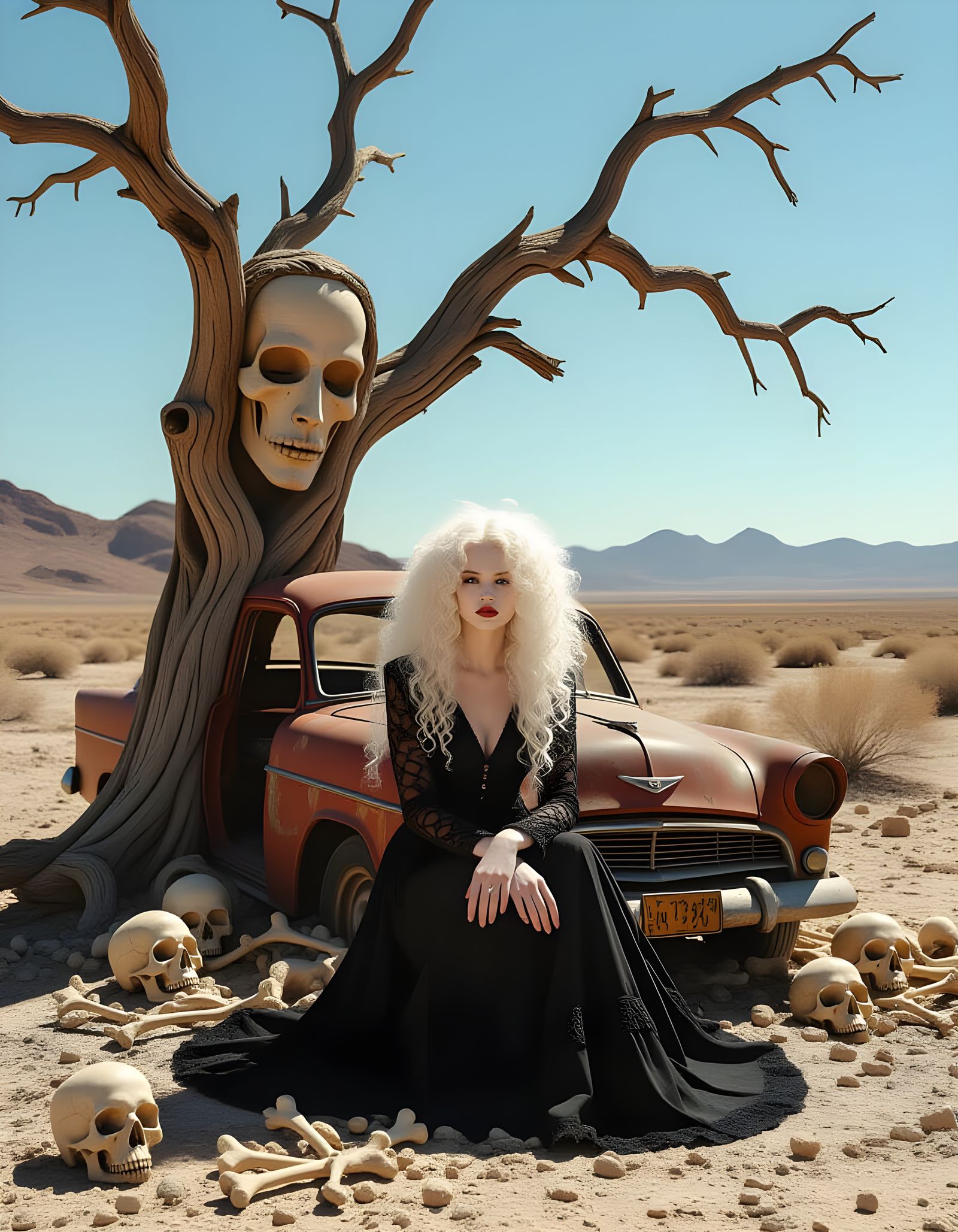 Albino Witch Woman by Ancient Tree in Desert