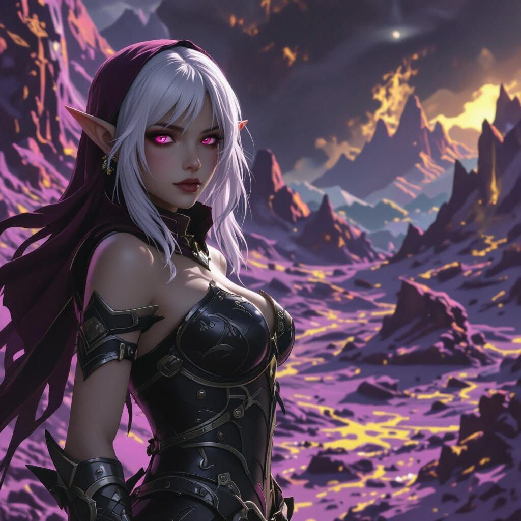 Dark Fantasy Elf Warrior on Purple Cliff