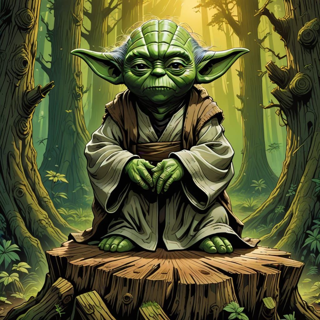 Wise Yoda in Vibrant Green and Brown, Comic Book Art Style