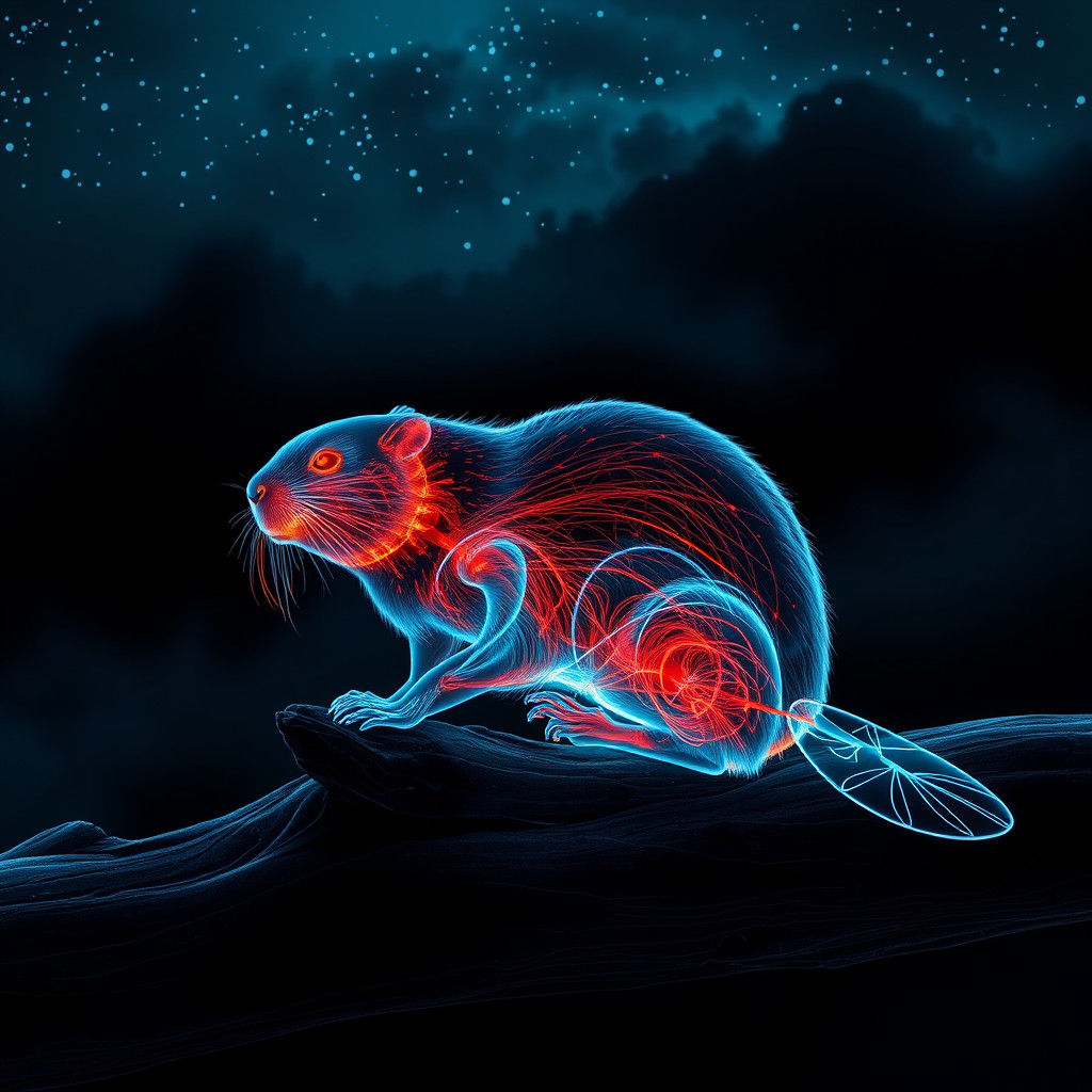 Neon Beaver Under Night Sky: Digital X-Ray Art