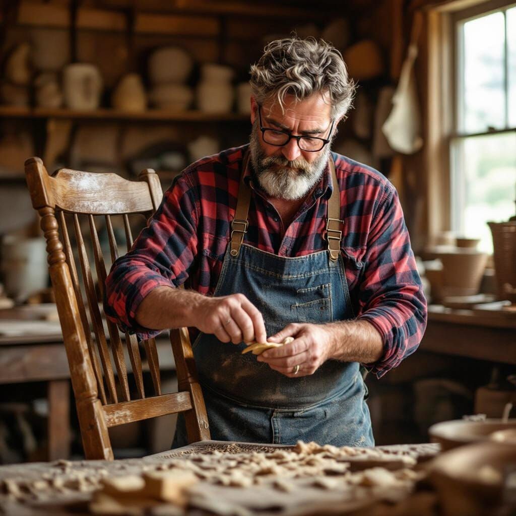 Craftsman Shaping Oak Chair in Rustic Workshop