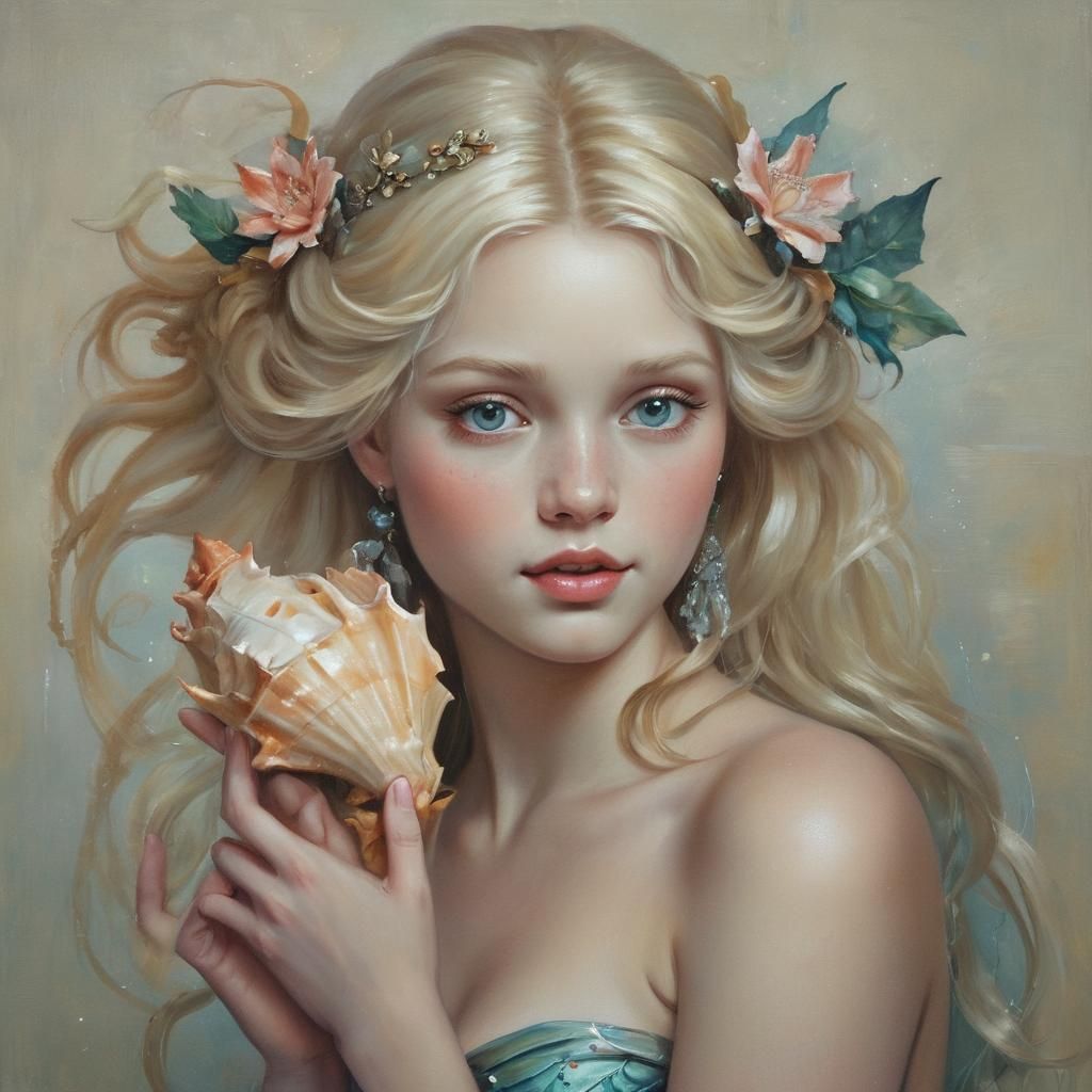 Blonde Mermaid with Glowing Conch Shell Oil Painting