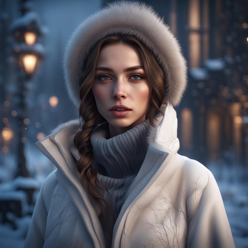 Girl in Winter Chic Portrait, Detailed Fantasy Art