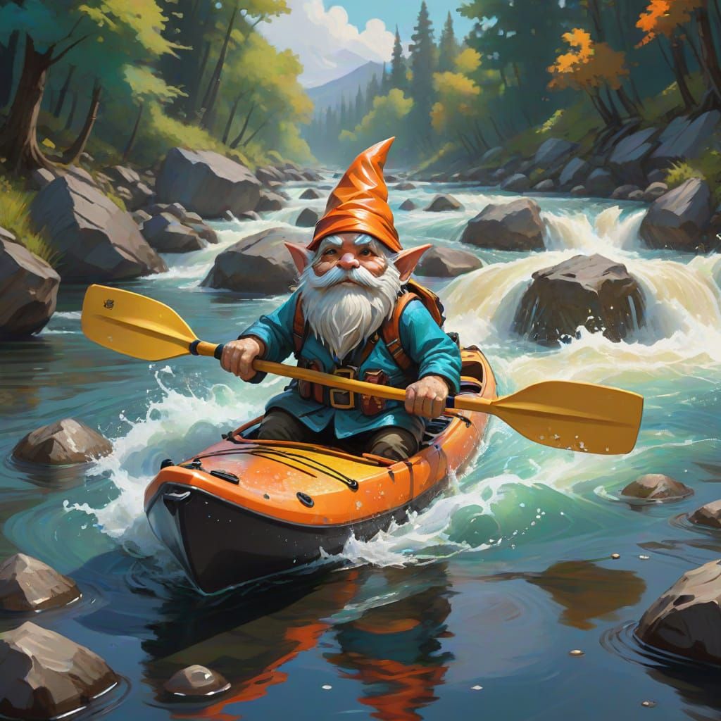 Gnome Kayaking Adventure in Expressionist Style