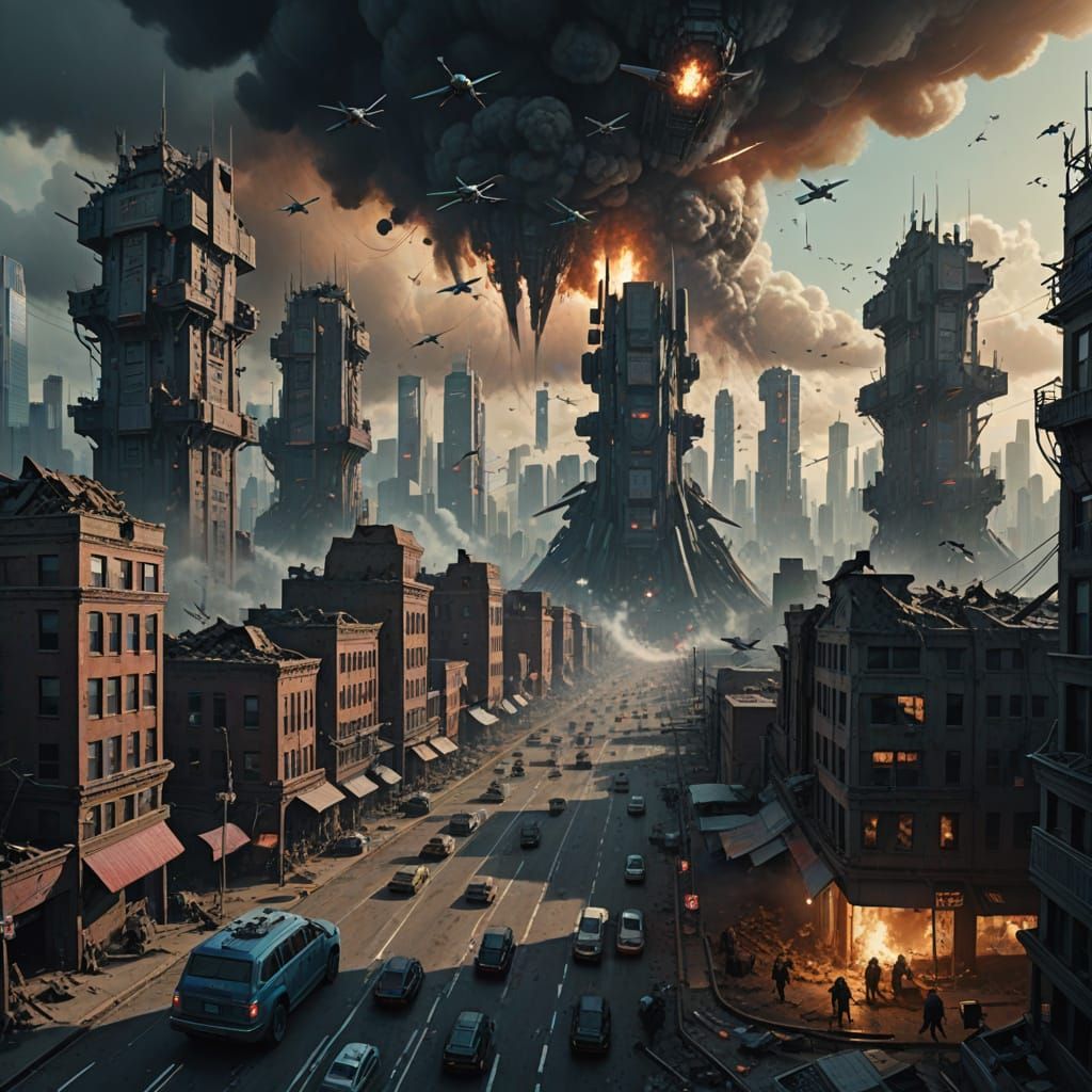 Epic Medieval Robot Battle in a Futuristic Cityscape