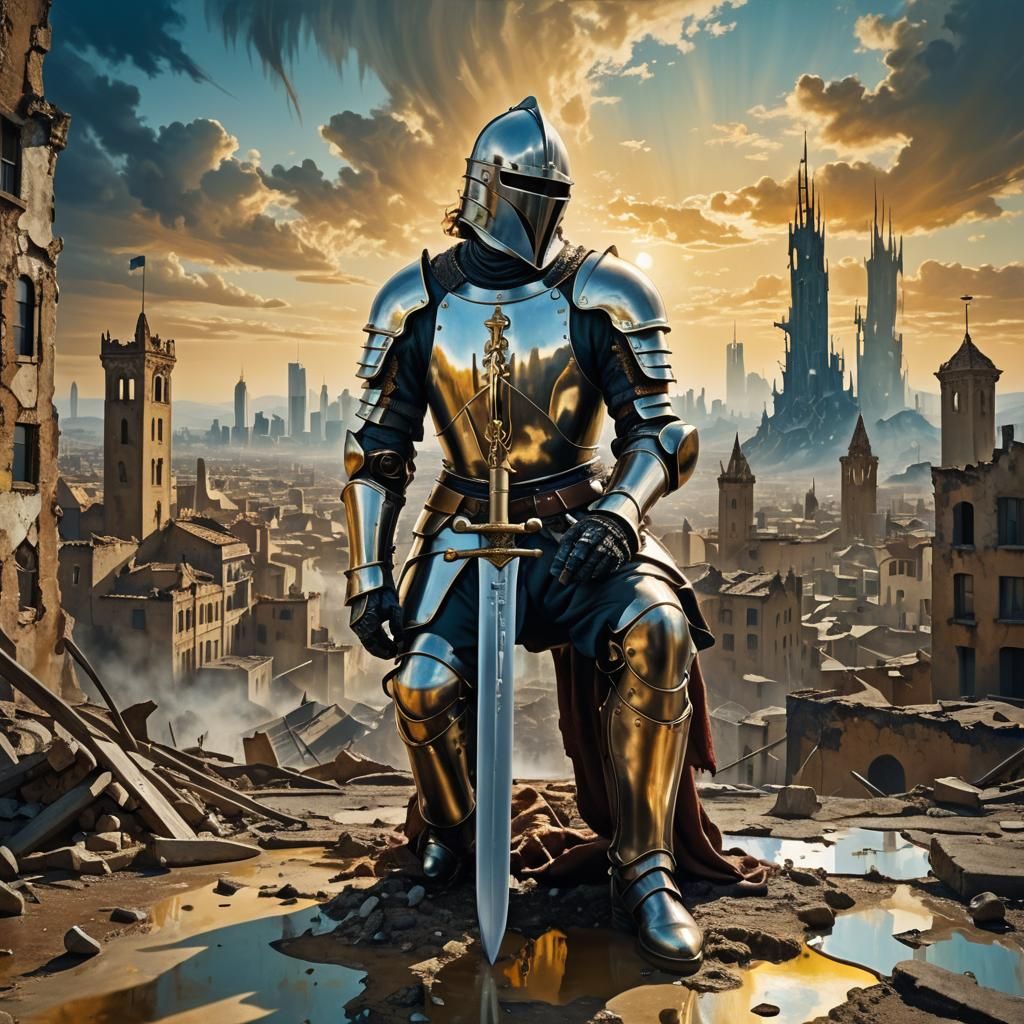 Surreal Knight in Melting Cityscape