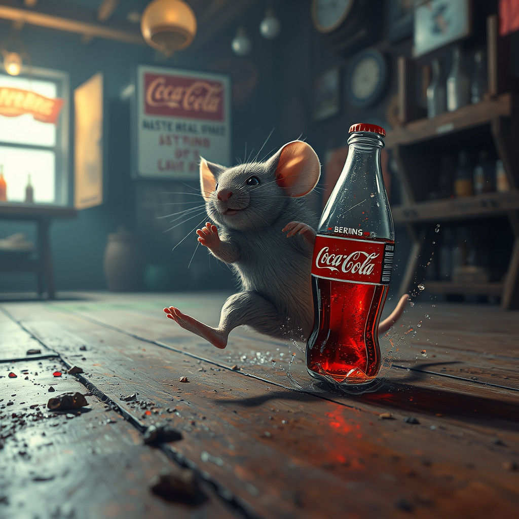 Mouse Kicks Coca-Cola Bottle: Detailed Matte Painting