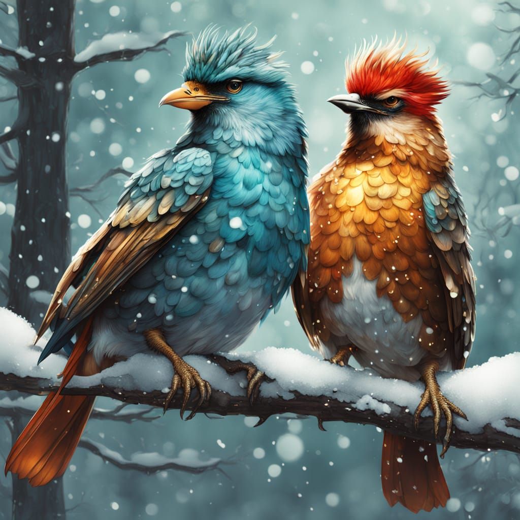 Victorian Birds in Snowy Forest: A Fairytale Illustration