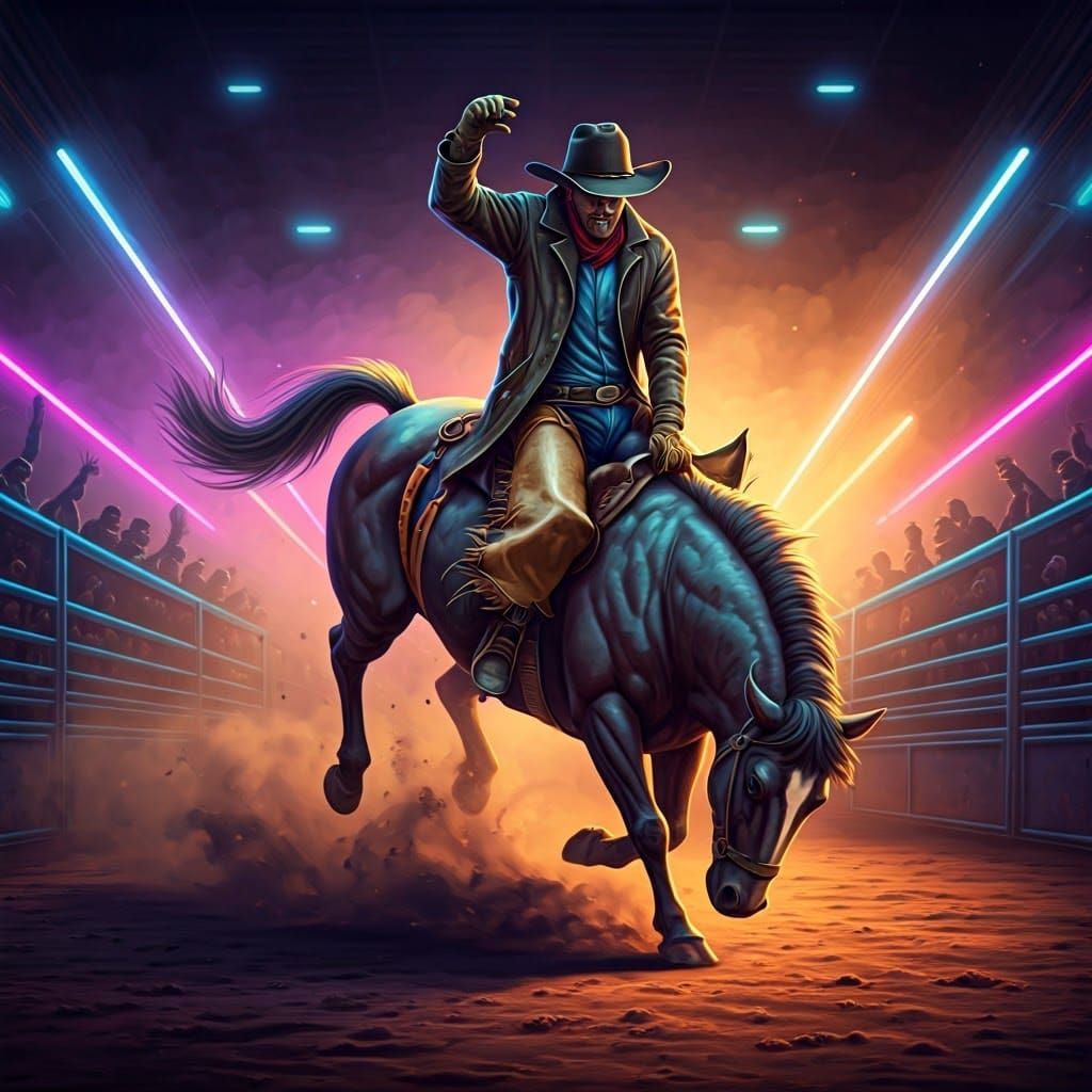 Cowboy Rides Rodeo Arena Under Neon Lights