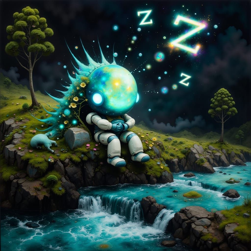Whimsical Robot Dreams in Bioluminescent Jungle