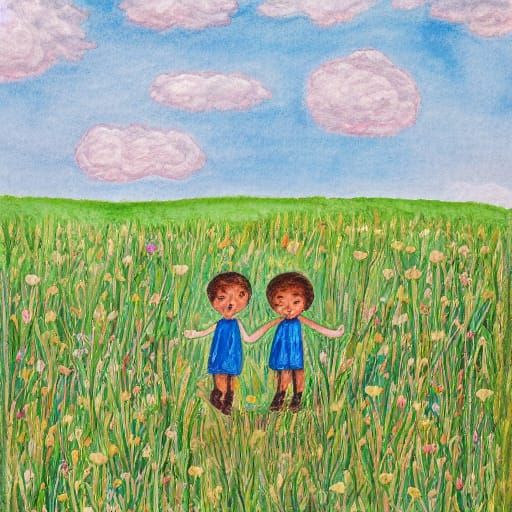Whimsical Folk Art Scene with Children in a Lush Meadow