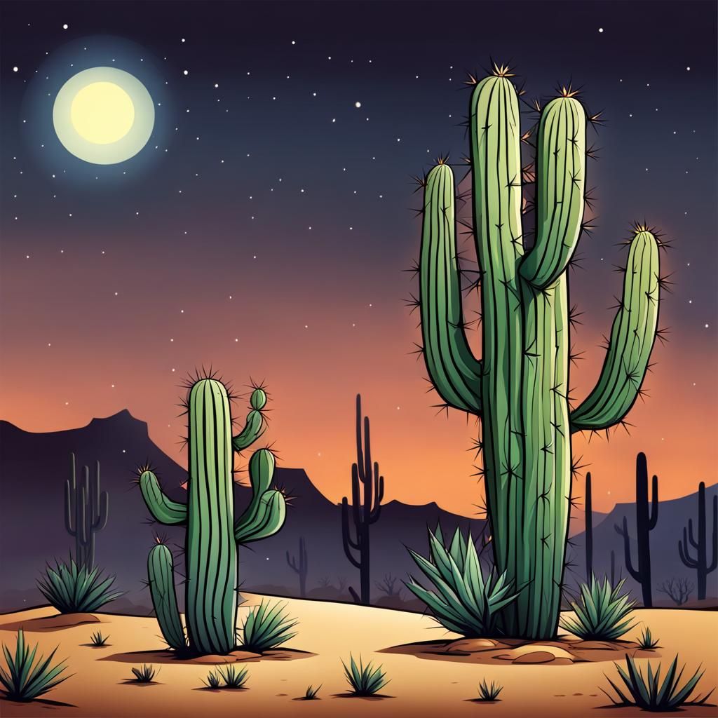 Cartoon Cactus in Desert at Night