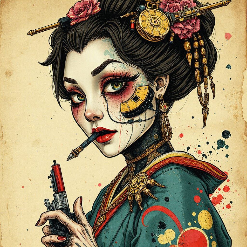 Cyberpunk Geisha with Cybernetic Implants on Textured Paper