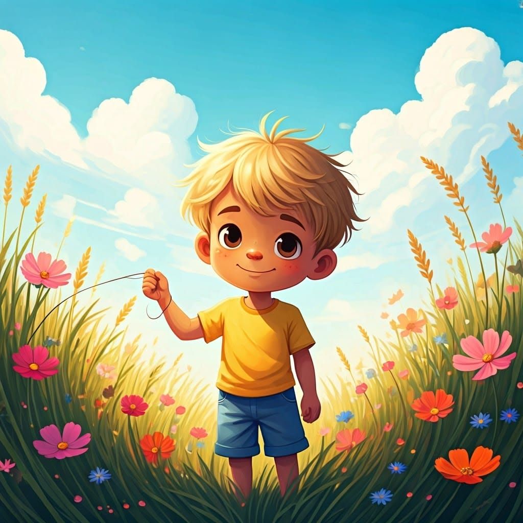 Boy with Kite in Flower Field, Children's Illustration