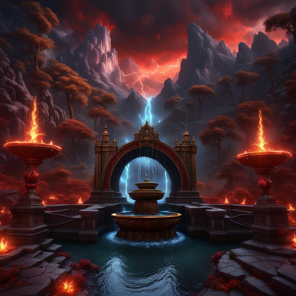 Surreal Blood River Fountain Under Lightning Sky