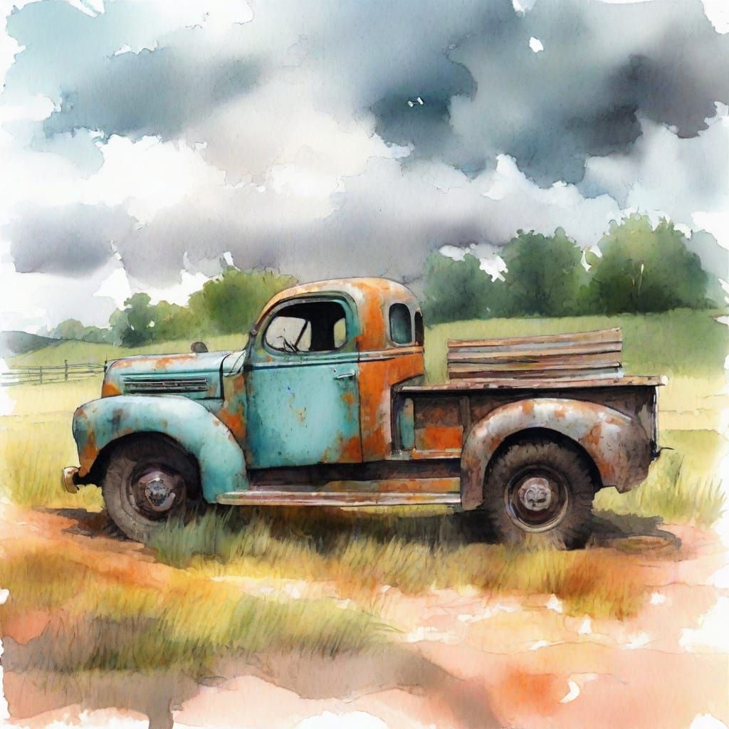 Rustic Country Scene in Gritty Grunge Watercolor Style