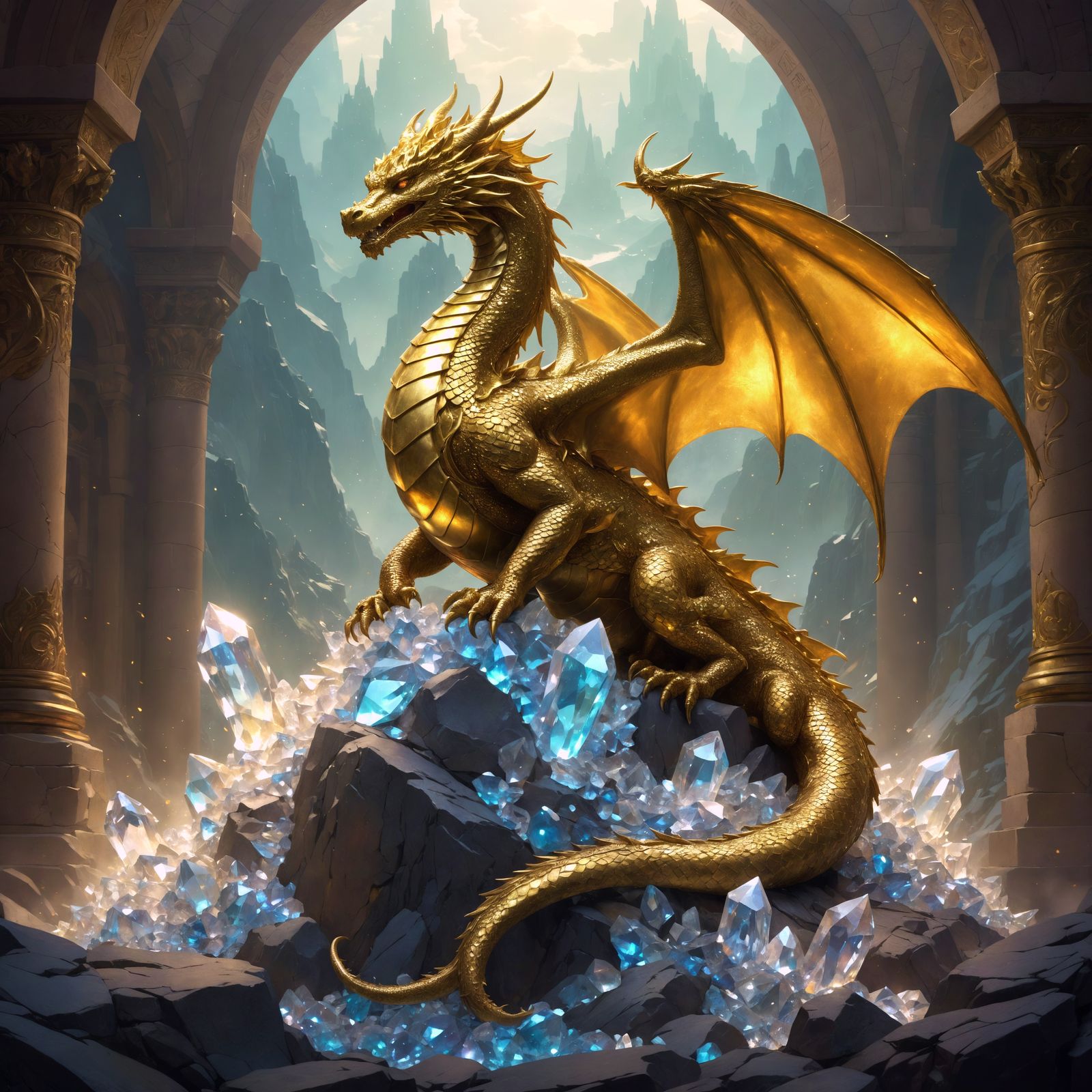 Brass Dragon in Crystal Temple: Art Nouveau Style