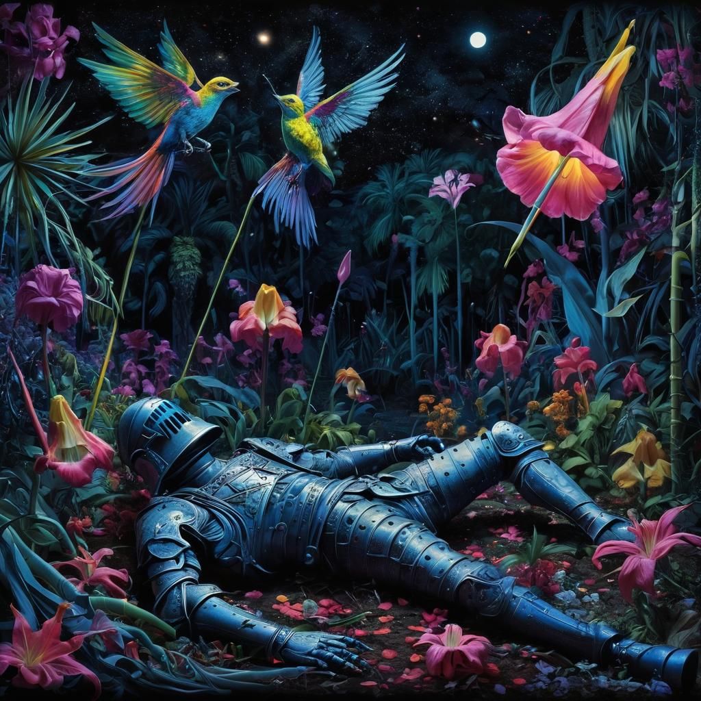 Fallen Knight in Fluorescent Surreal Night Garden