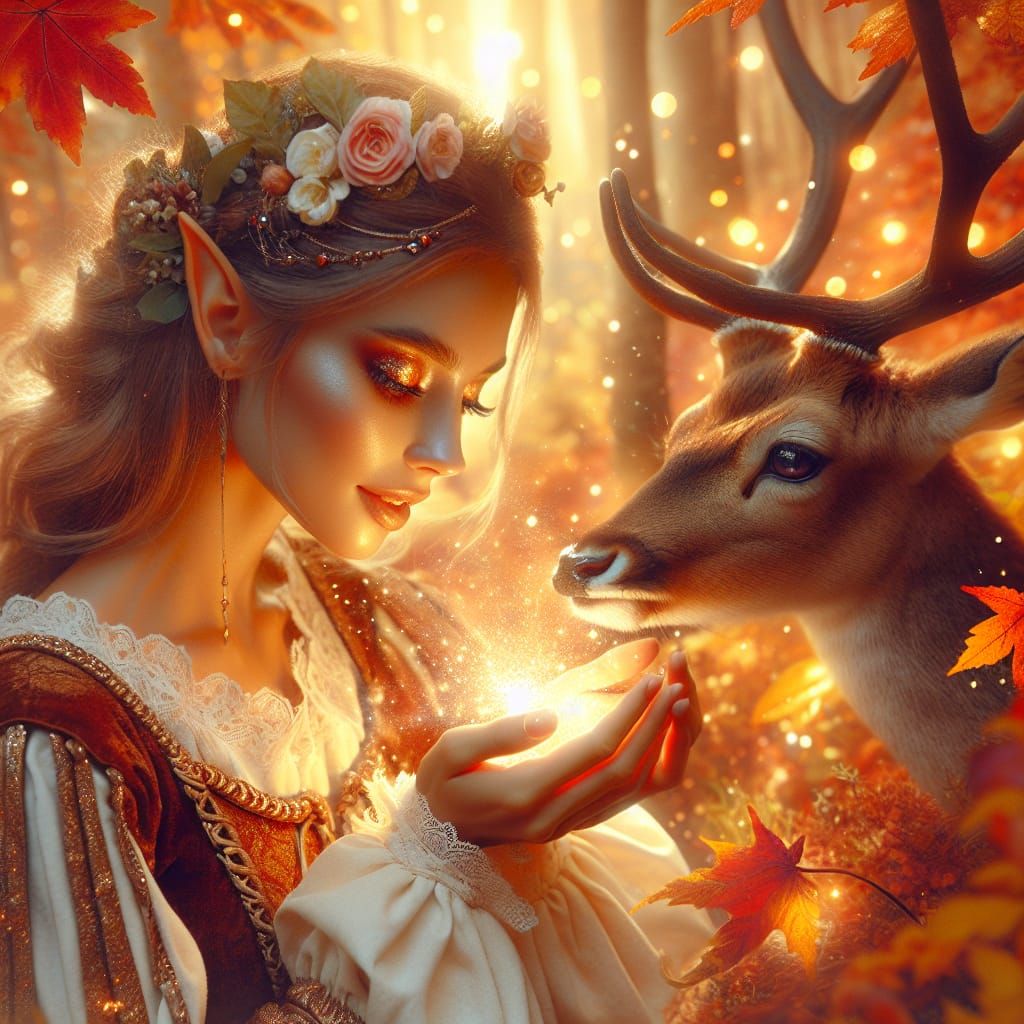 Enchanting Elf and Deer in Autumn Wonderland