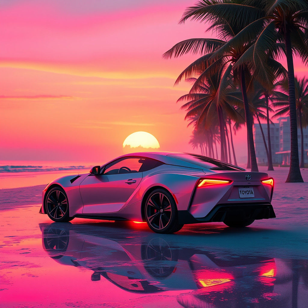 Miami Beach Sunset with Toyota Trueno in Synthwave Style