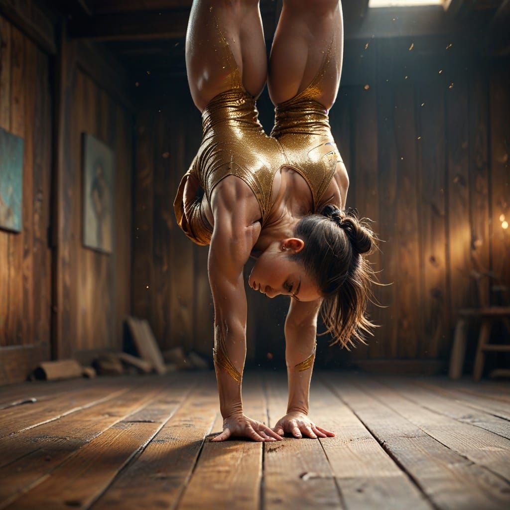 Hyper-Realistic Gymnast in Handstand, Warm Golden Tones
