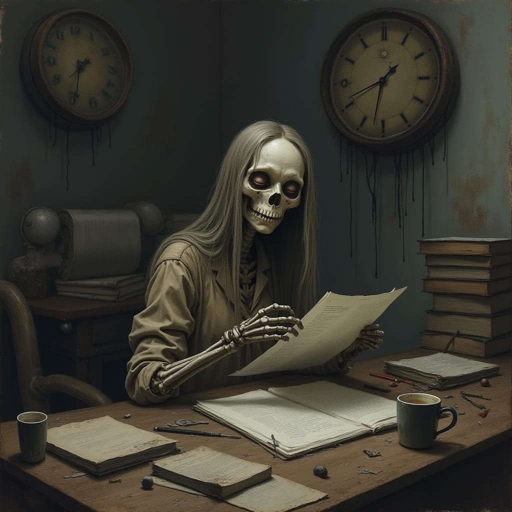 Skeletal Student Overwhelmed by Despair in Dark Study