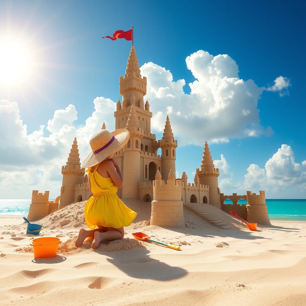Child Builds Giant Sandcastle: Photorealistic Fantasy Art