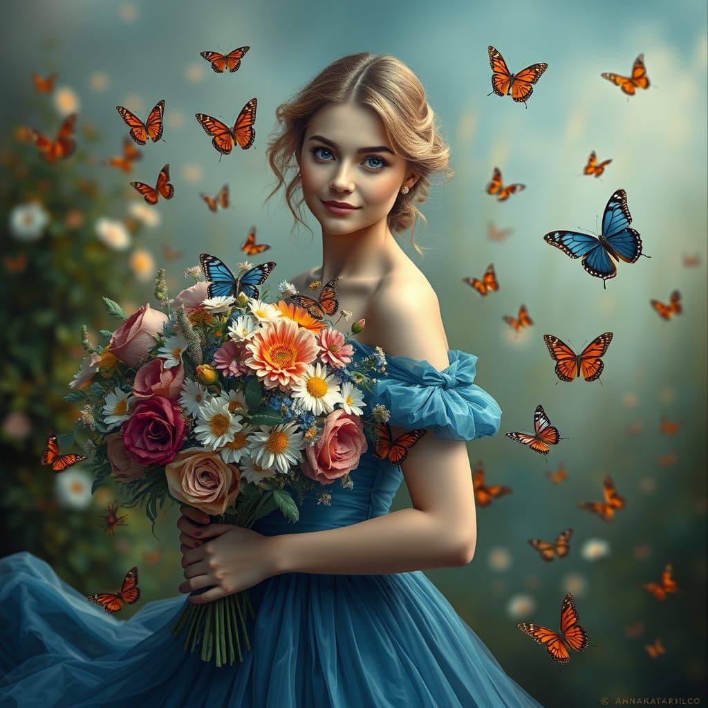 Woman in Blue Dress with Butterflies, Realistic Fantasy Port...