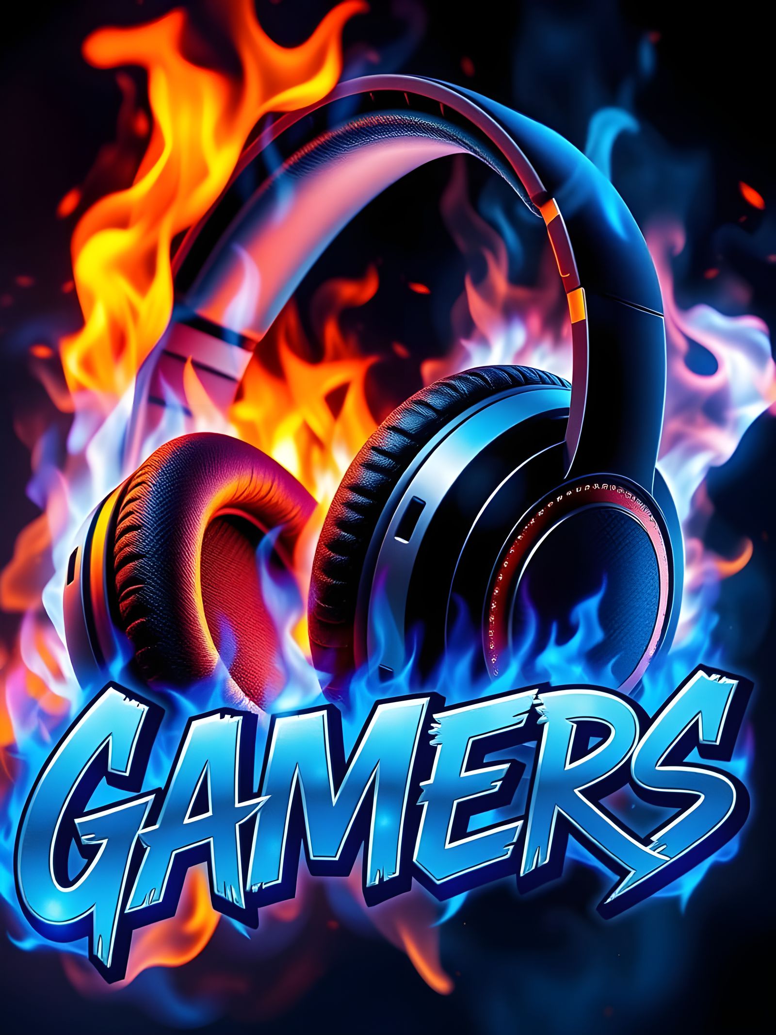 Glowing Blue Flames Engulf High-Tech Headphones in Cyberpunk...