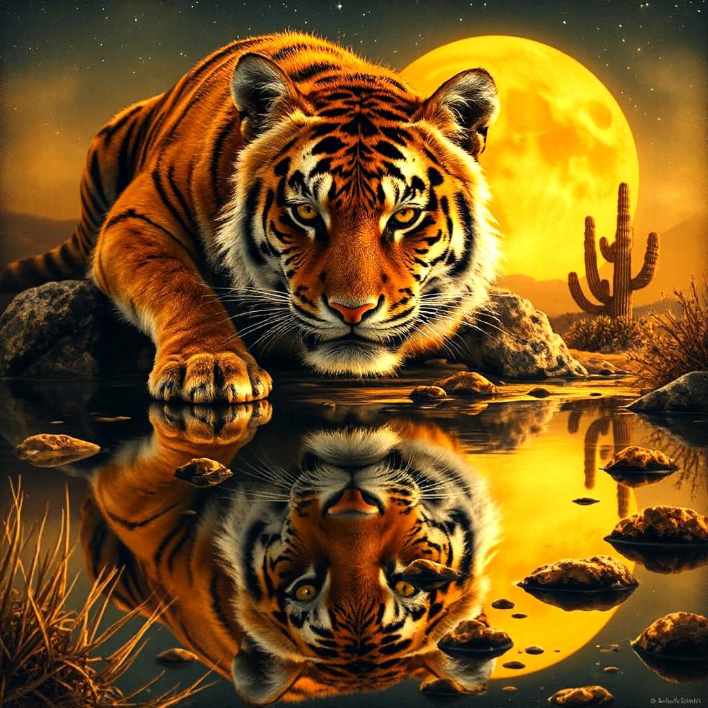 Bengal Tiger Gazing at Reflection in Desert Setting
