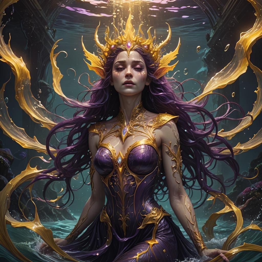 Elf Queen's Underwater Agony: Art Nouveau Fantasy