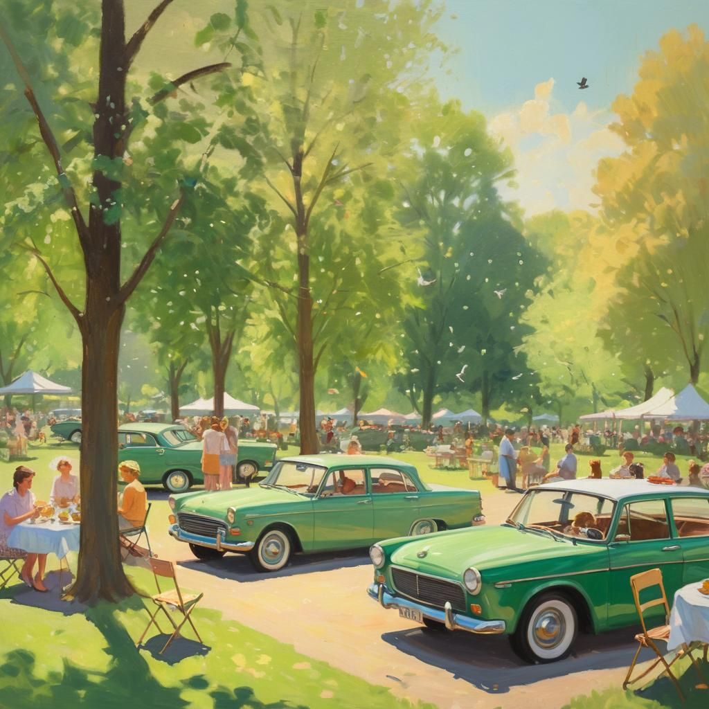 Vintage Cars in Sunlit Park as Impressionist Painting