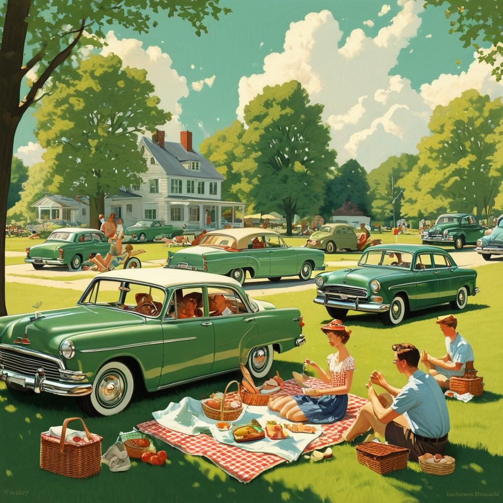This illustration radiates a warm, nostalgic vibe of a classic family picnic or outdoor gathering set in a peaceful, sun...