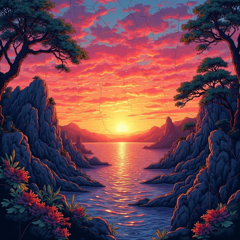 Sunset Through Cracked Glass in Hokusai Style