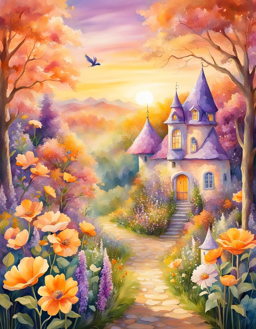 Enchanted Fairytale Garden at Sunrise in Watercolor Style