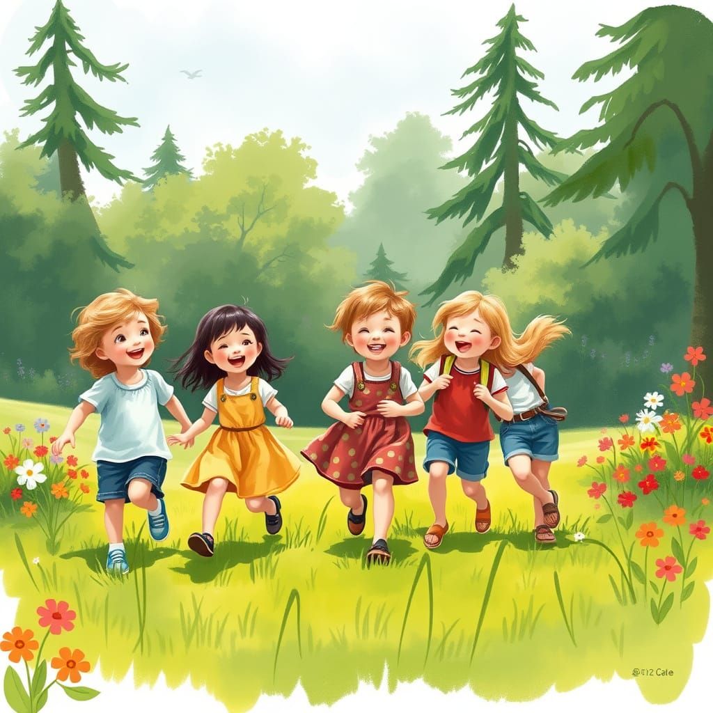 Children Playing Tag on Summer Lawn, Storybook Illustration