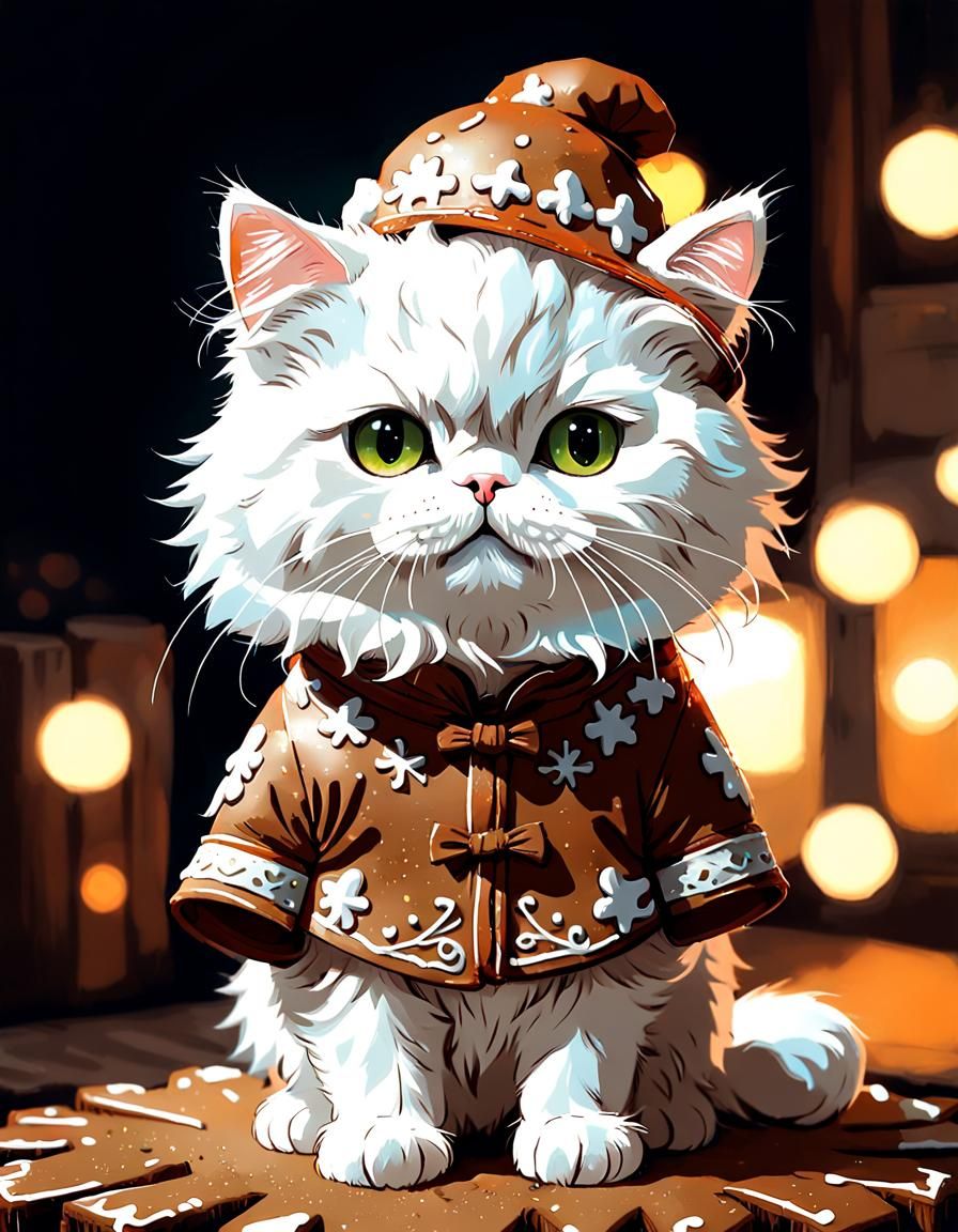 Whimsical White Cat in Gingerbread Attire, Digital Painting