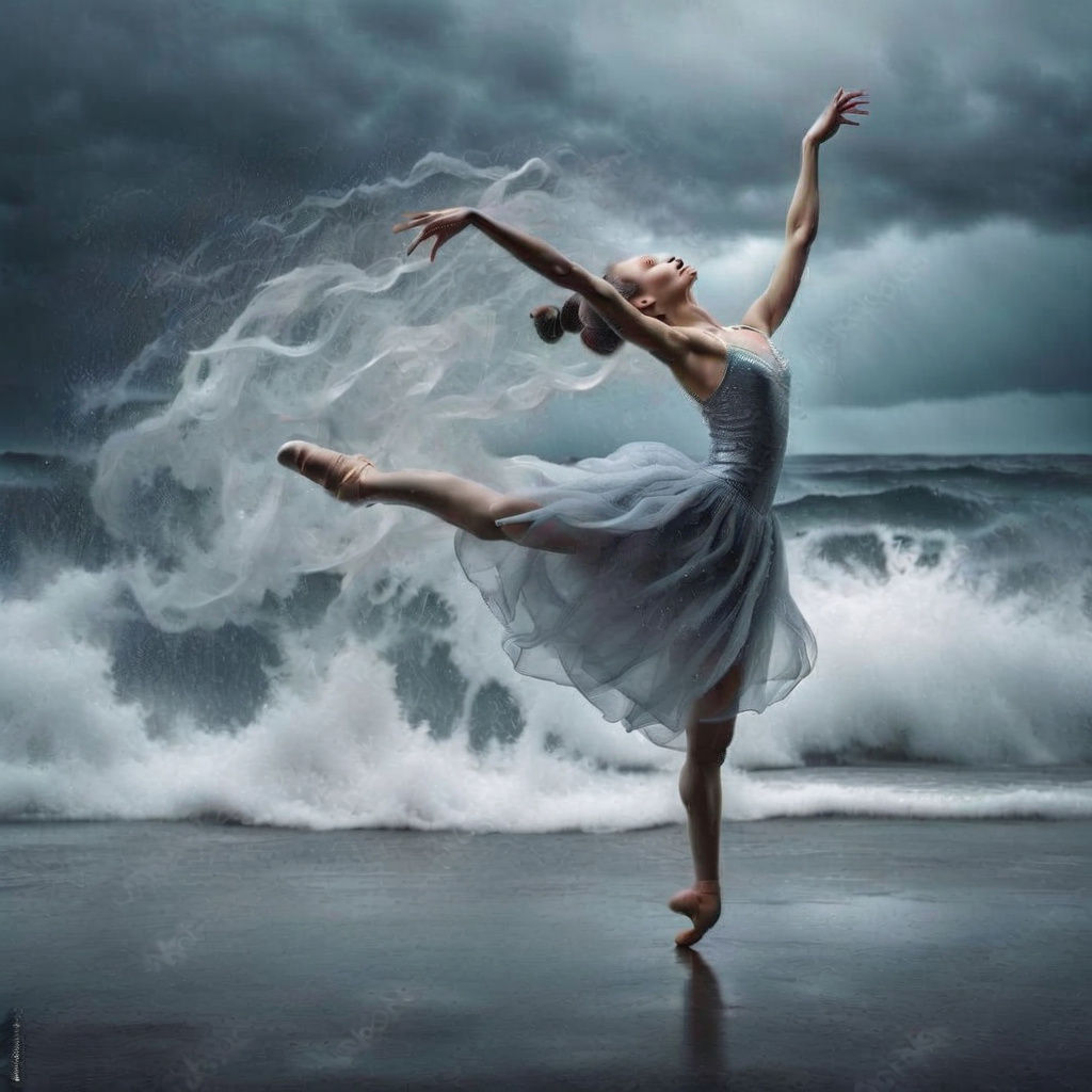 Surreal Silver Dancer En Pointe Above Waves