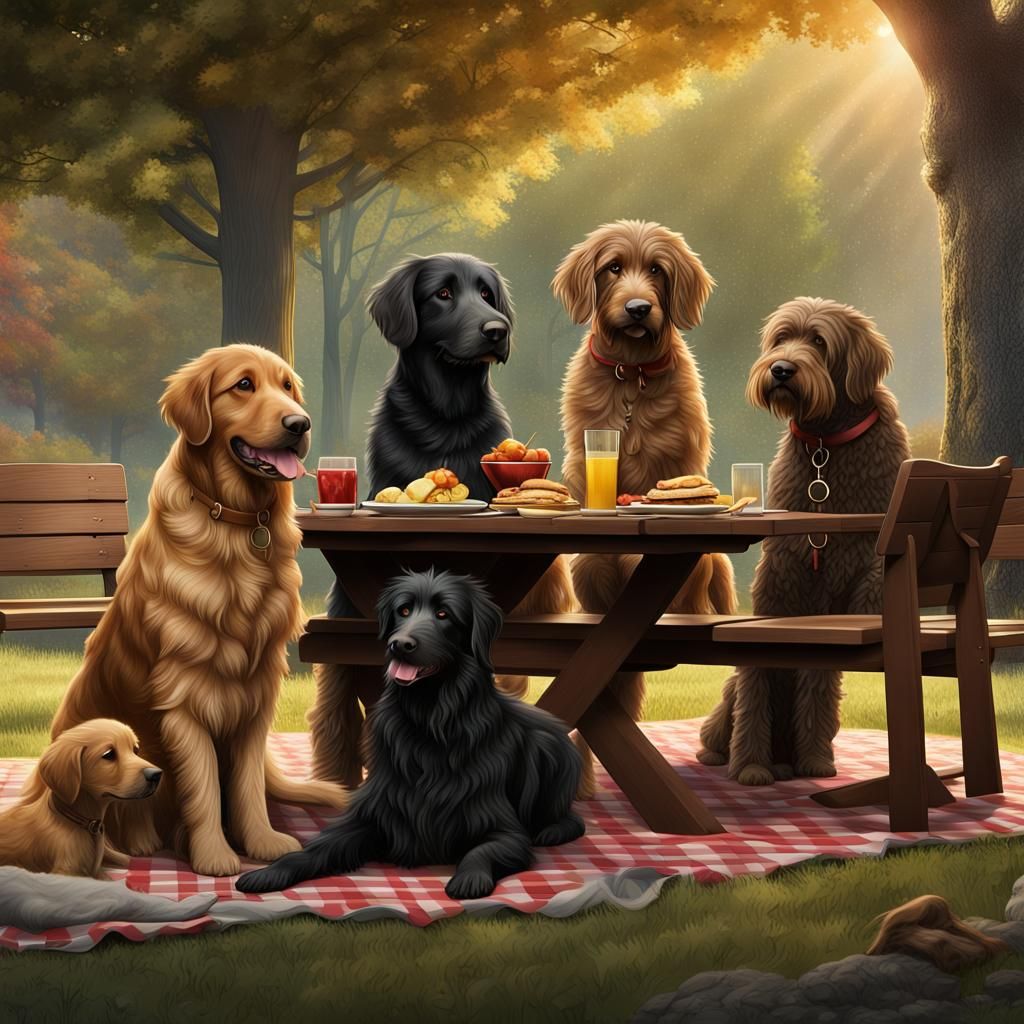 Dogs at Picnic Table in Park: Fantasy Concept Art