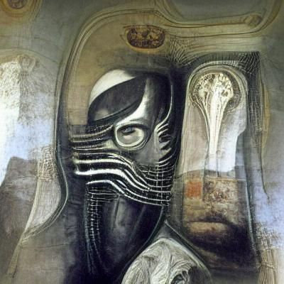 Masked Figure in a Giger-esque Fresco