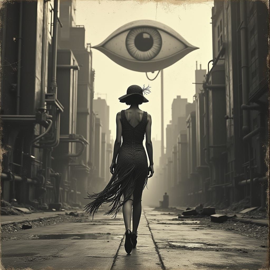 Art Deco Flapper Girl in Dystopian Dieselpunk Cityscape