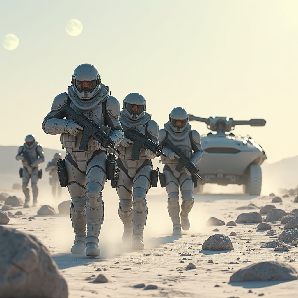 Hyper Realistic Combat Squad in High-Tech Armor on Alien Pla...