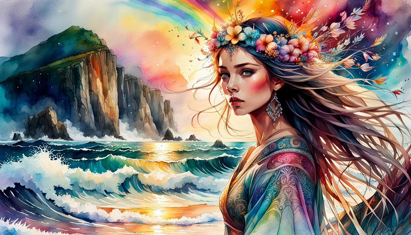 Queen of Waves: Digital Watercolor Summerscape