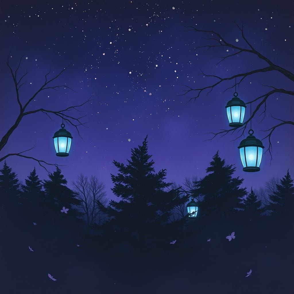 Whimsical Night Lanterns Under Starry Skies