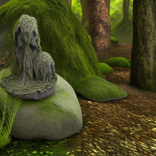 Mystical Forest Scene with Ancient Statue in 3D