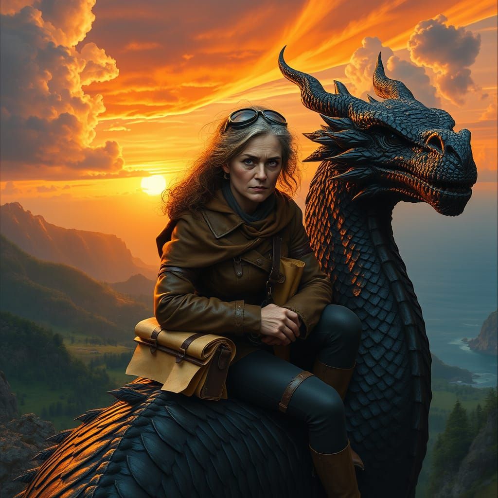 Elegant Dragon Rider in Earth-Toned Leather, Seated on a Maj...